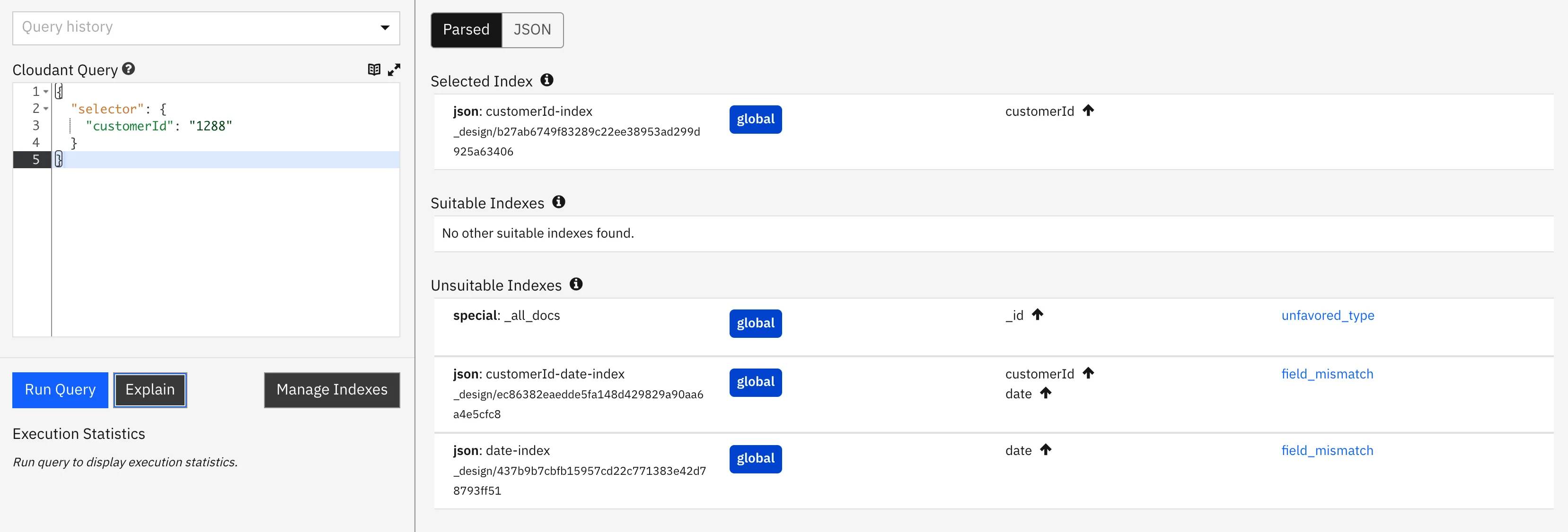 Cloudant dashboard explain output
