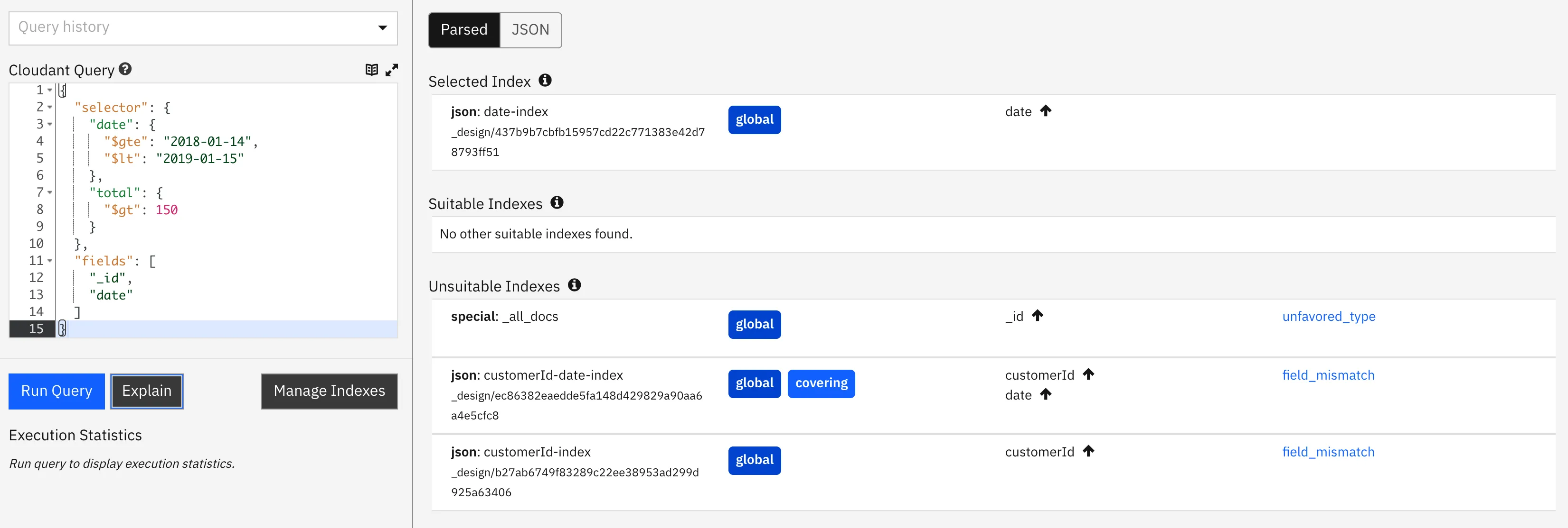 Cloudant dashboard explain output