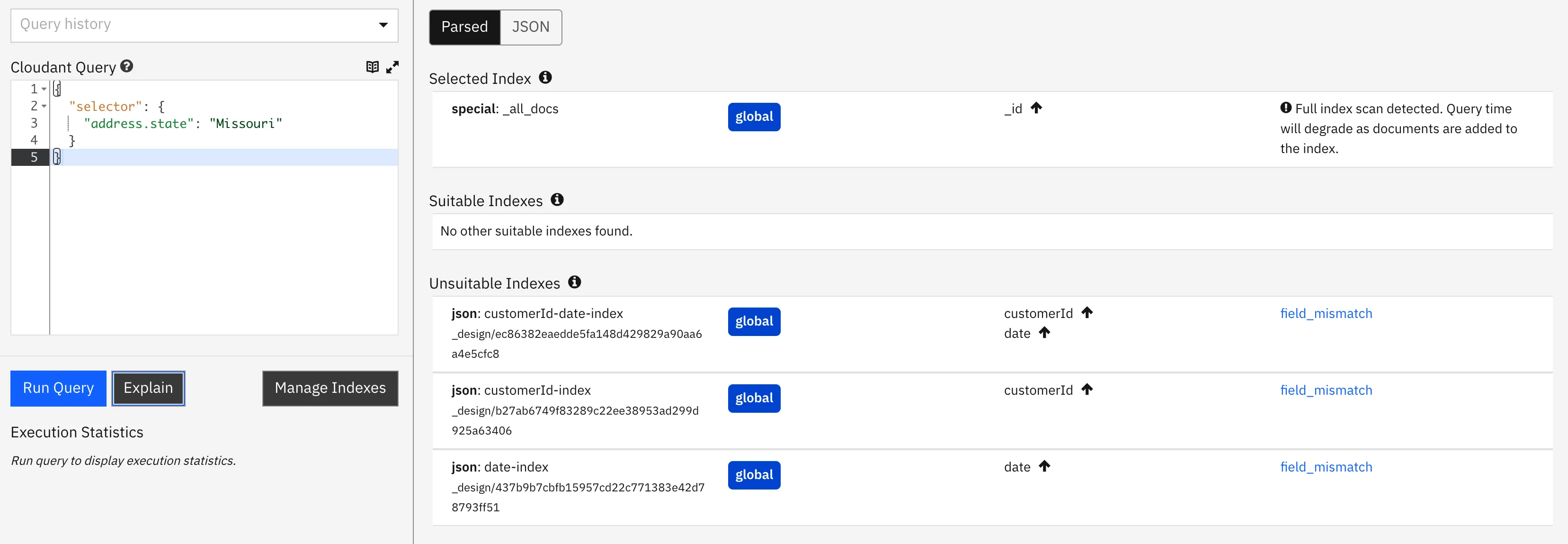 Cloudant dashboard explain output